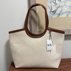 NWT A New Day Cut Out Tote Handbag Off White Textured Cotton Faux Leather Trim.